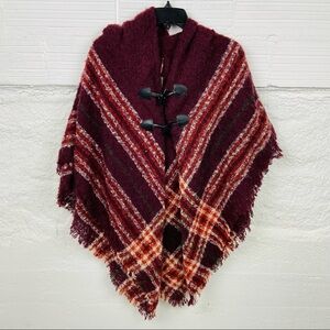 NWT ACCESSORY ST burgundy striped hooded warm winter sweater poncho SZ one size